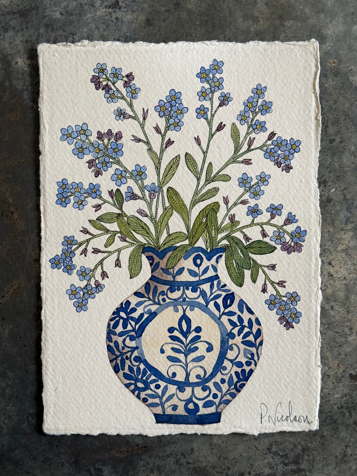 A5, Original Watercolour Forget me Nots in a Delft inspired vase.