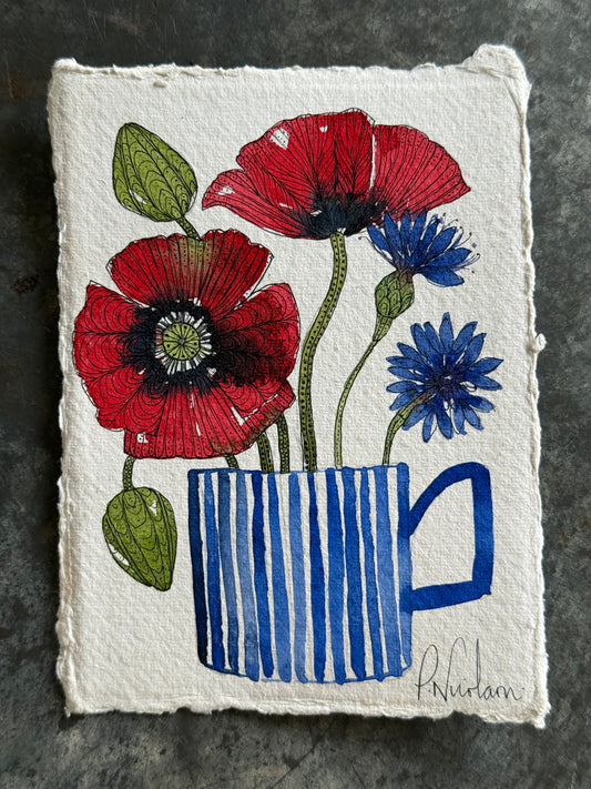 Original, A6 Watercolour Poppies & Cornflowers