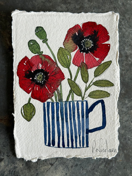 Original, A6, Watercolour Painting of Red Poppies