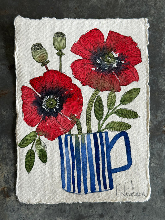 Original, A6, Watercolour Poppies in a mug