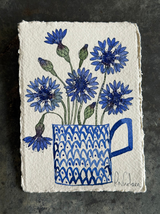 Original, A6, Watercolour Cornflowers in a Mug