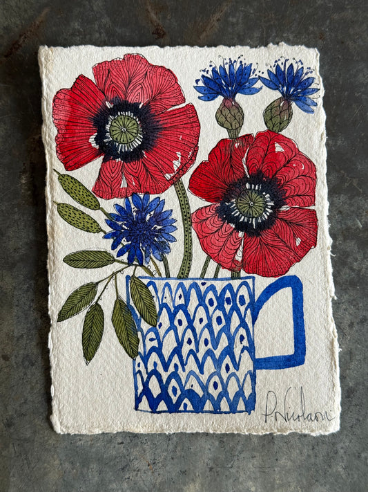 Original, A6, Watercolour Poppies & Cornflower Painting