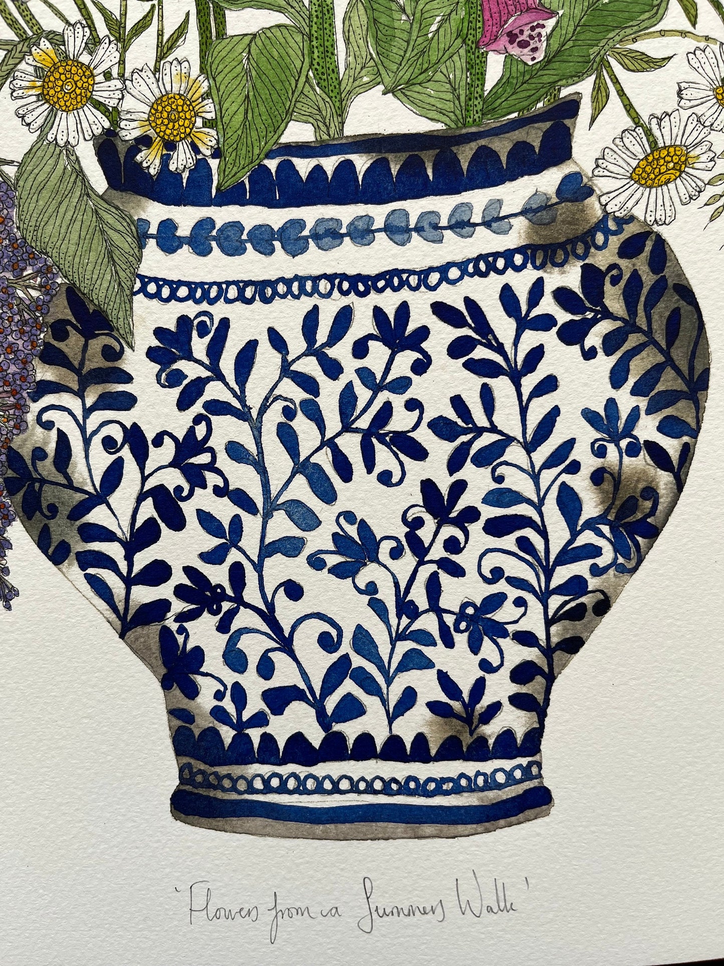 A3, limited edition giclee print of foxgloves, dandelions, buddleja, daisies and red poppies in a blue and white patterned cramic, vessel.
