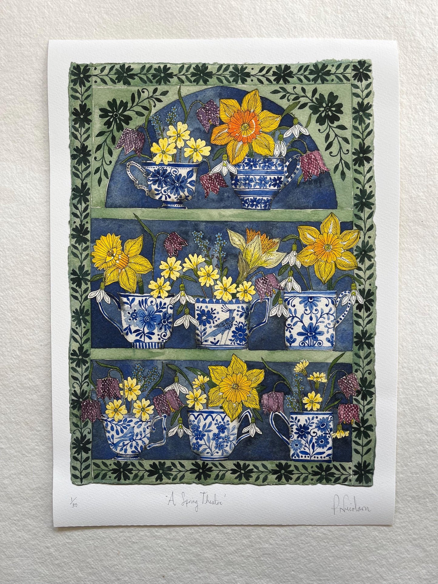 A3, giclee print of watercolour and ink daffodils and spring flowers in delft teacups and mugs displayed in a patterned plant Theatre.