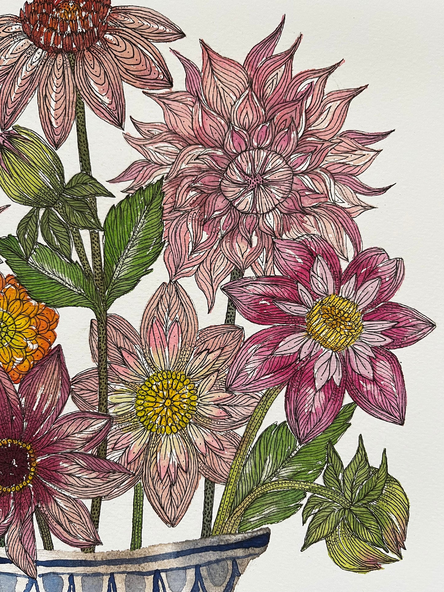 A3 limited edition, giclee print of cheerful dahlias in a blue and white patterned, ceramic vessel.