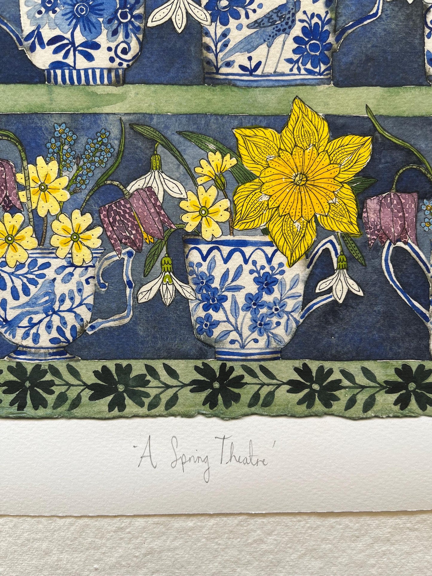 A3, giclee print of watercolour and ink daffodils and spring flowers in delft teacups and mugs displayed in a patterned plant Theatre.