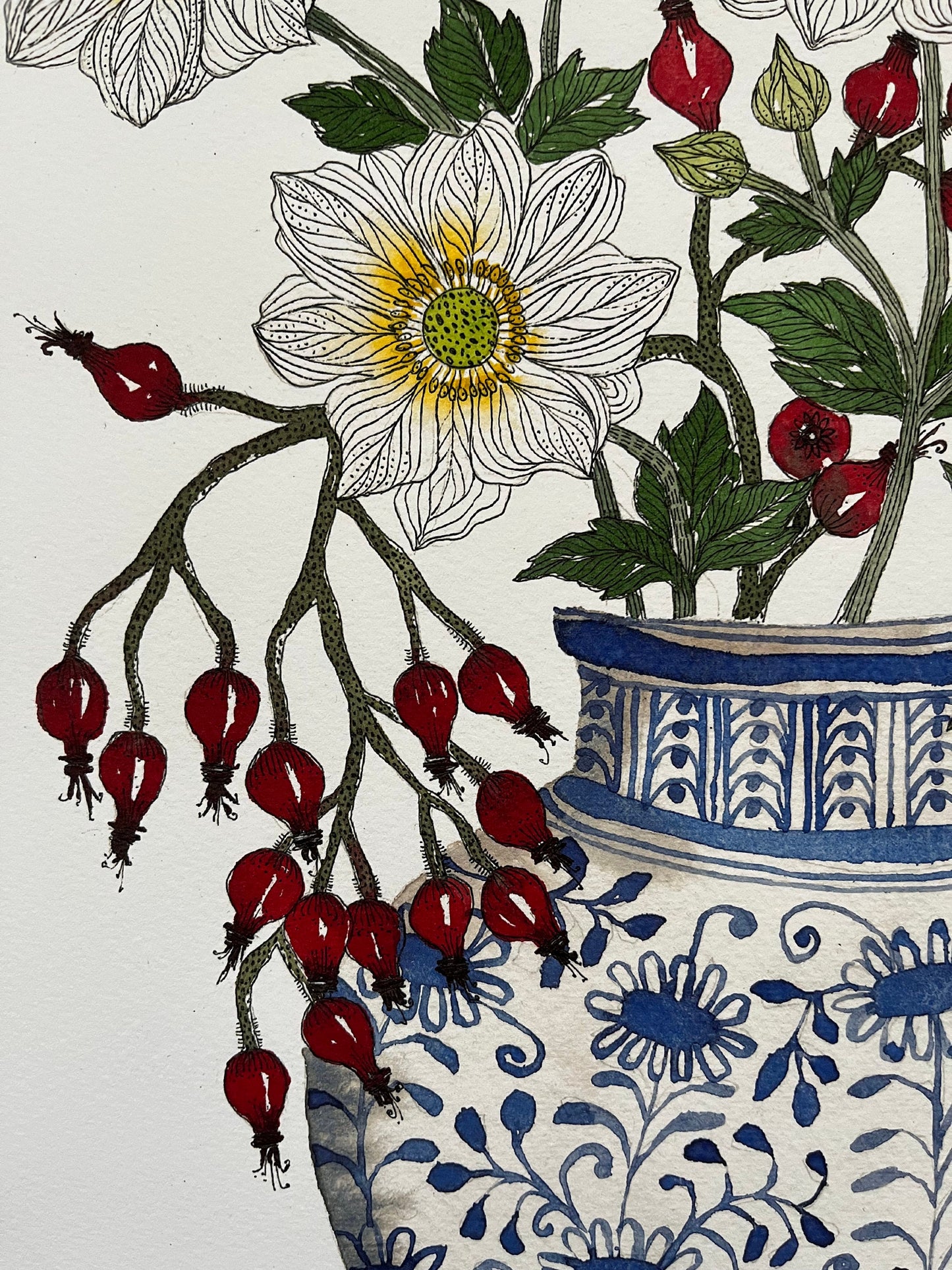 A3, limited edition giclee print of white anemones and rose hips in a blue and white patterned ceramic, vessel.