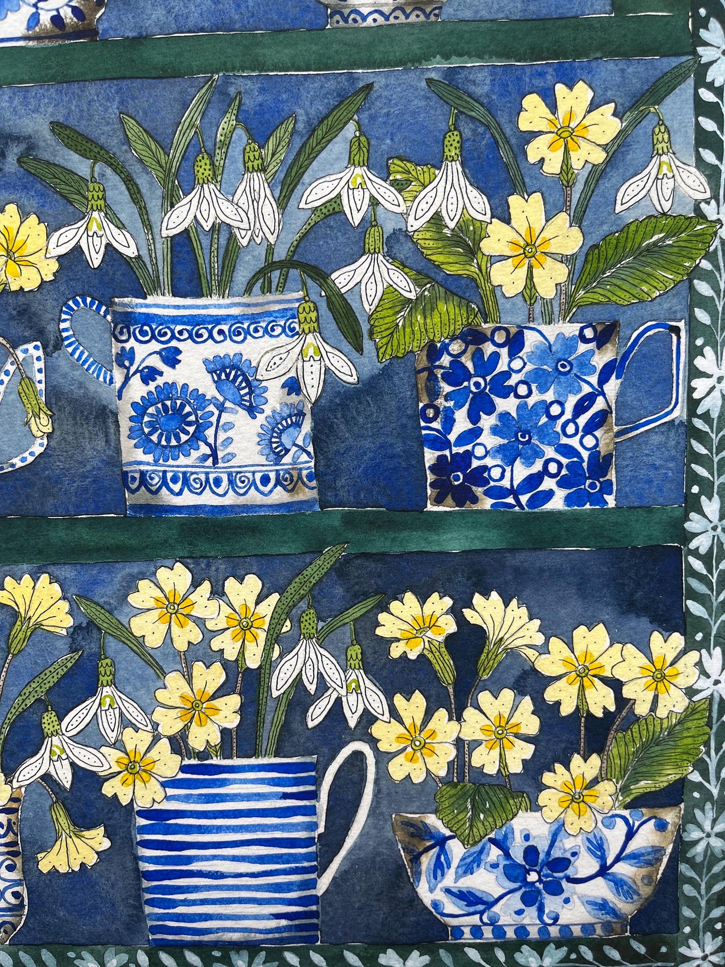 A3, limited edition giclee print of a watercolour and ink Snowdrops and primroses in delftware, ceramic mugs displayed in a plant Theatre.