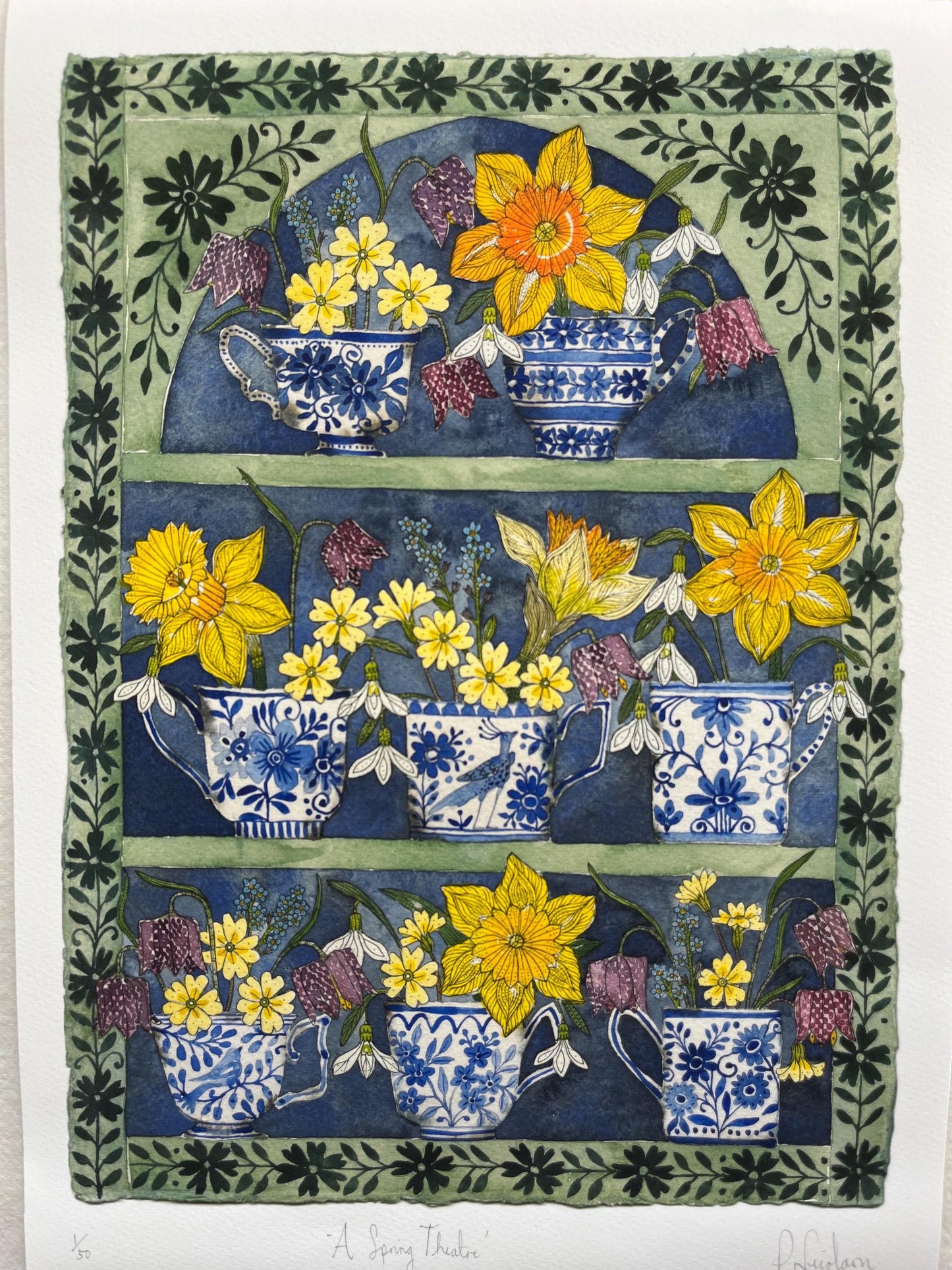 A3, giclee print of watercolour and ink daffodils and spring flowers in delft teacups and mugs displayed in a patterned plant Theatre.