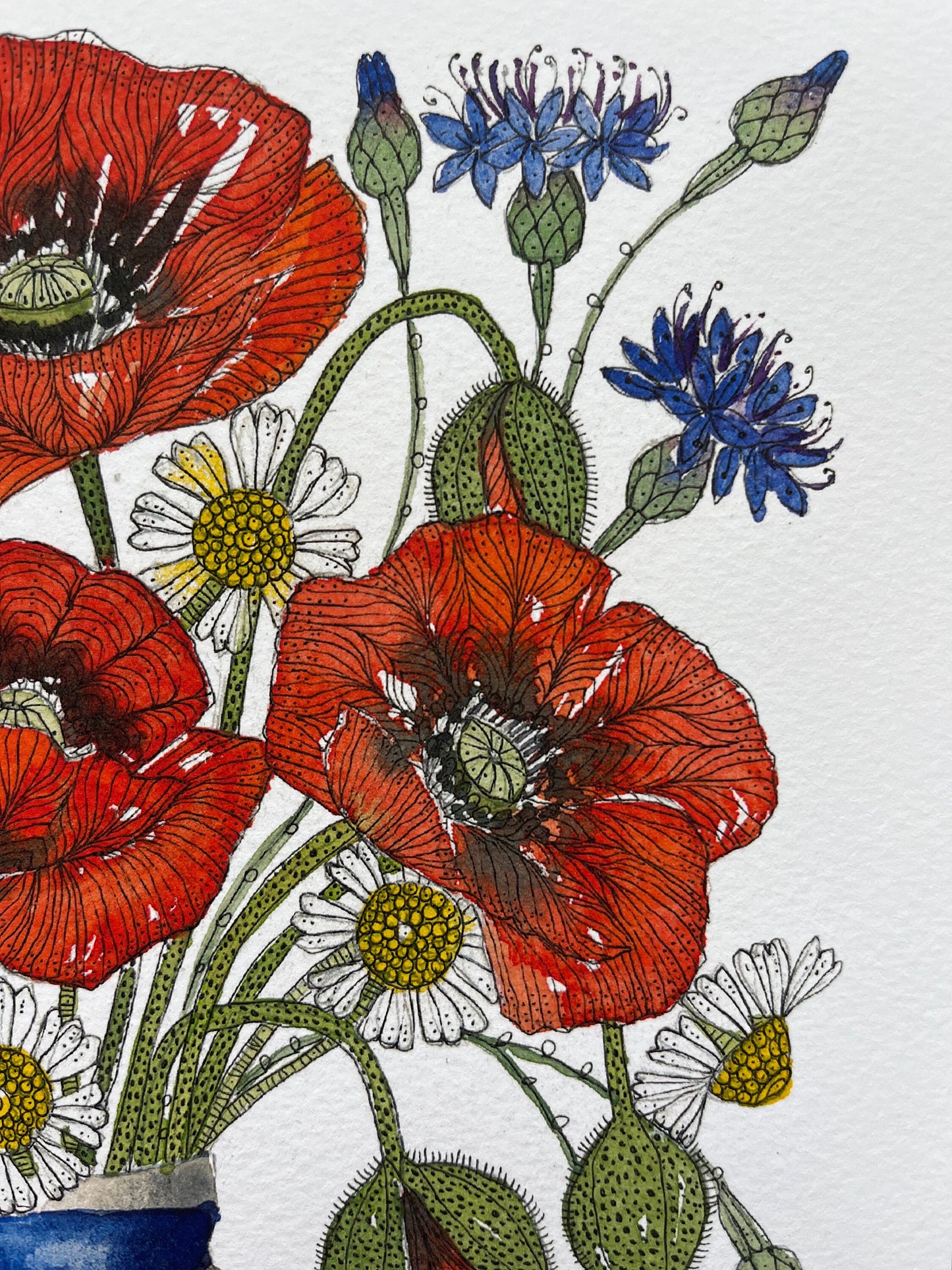 A4, limited edition giclee print of summer meadow flowers, red poppies, cornflowers and daisies in a delftware ceramic vase.