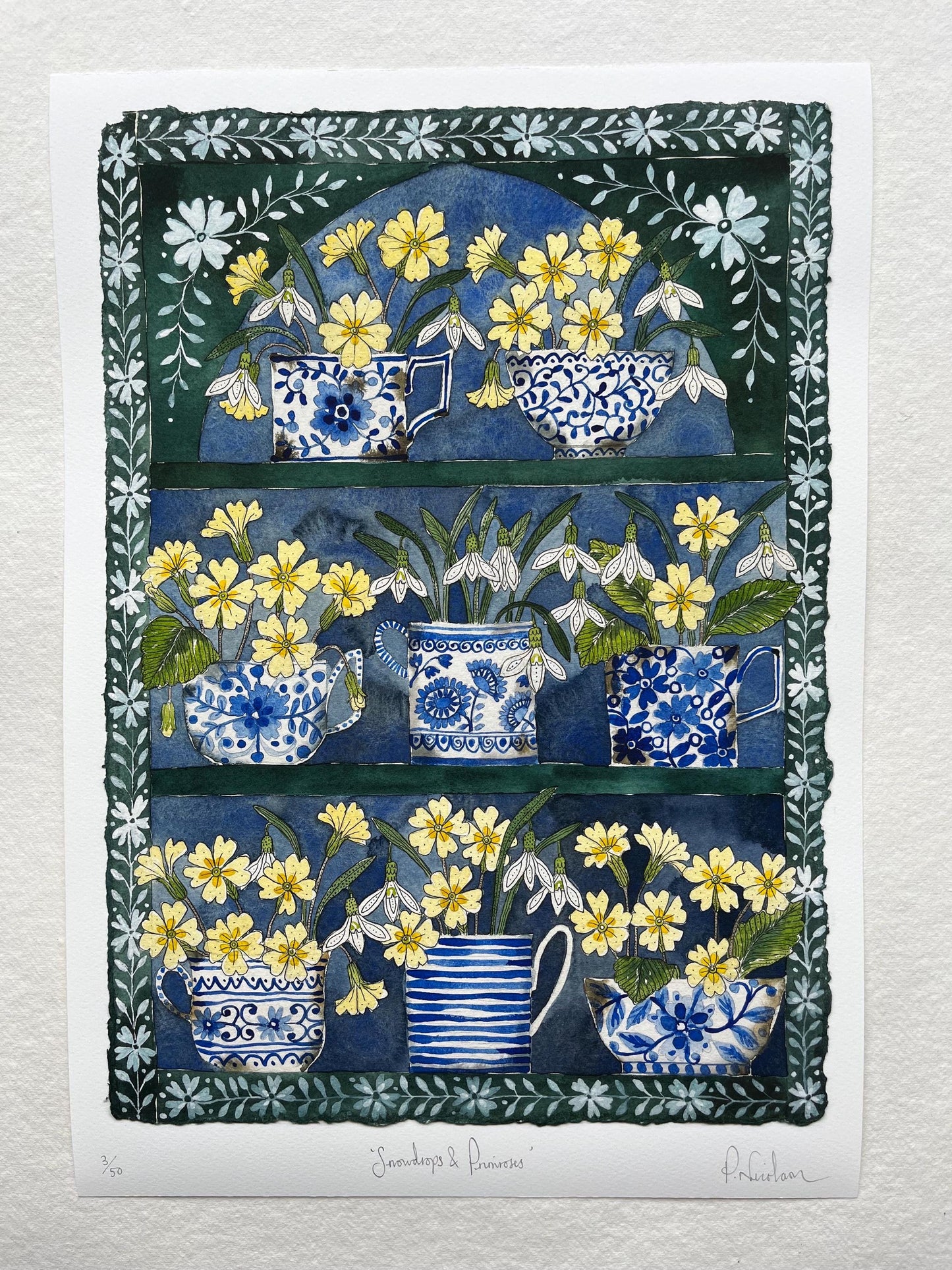 A3, limited edition giclee print of a watercolour and ink Snowdrops and primroses in delftware, ceramic mugs displayed in a plant Theatre.