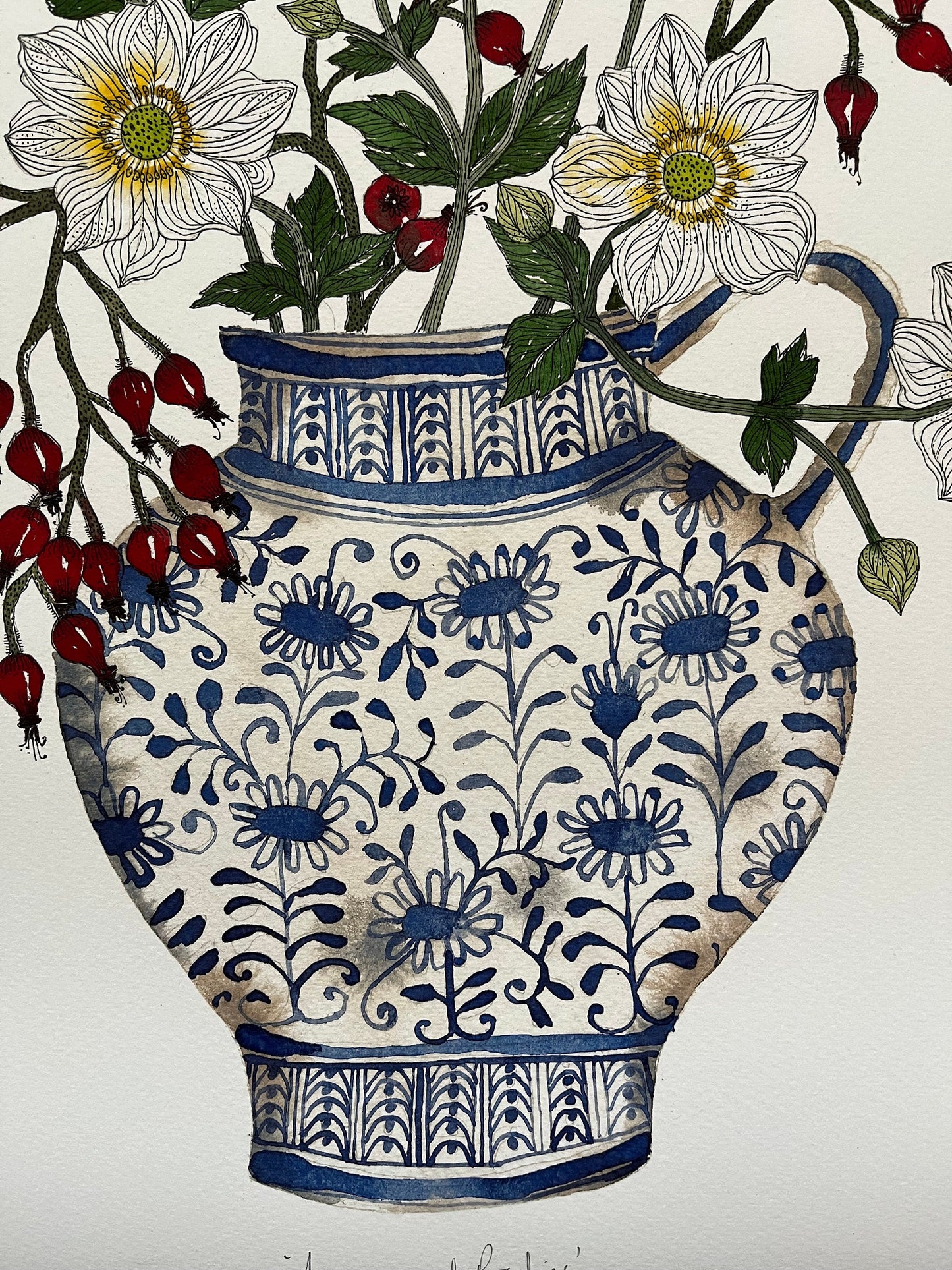 A3, limited edition giclee print of white anemones and rose hips in a blue and white patterned ceramic, vessel.
