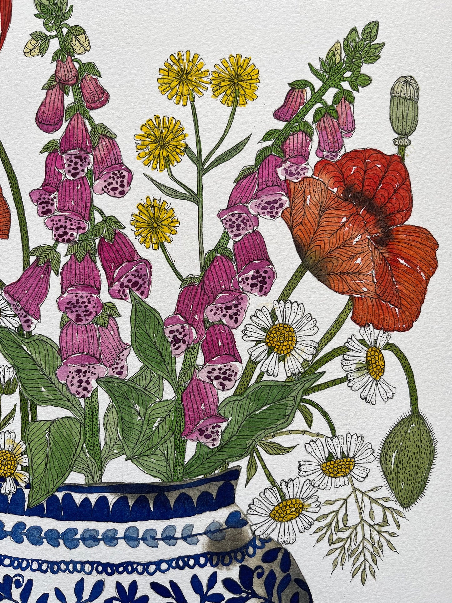 A3, limited edition giclee print of foxgloves, dandelions, buddleja, daisies and red poppies in a blue and white patterned cramic, vessel.