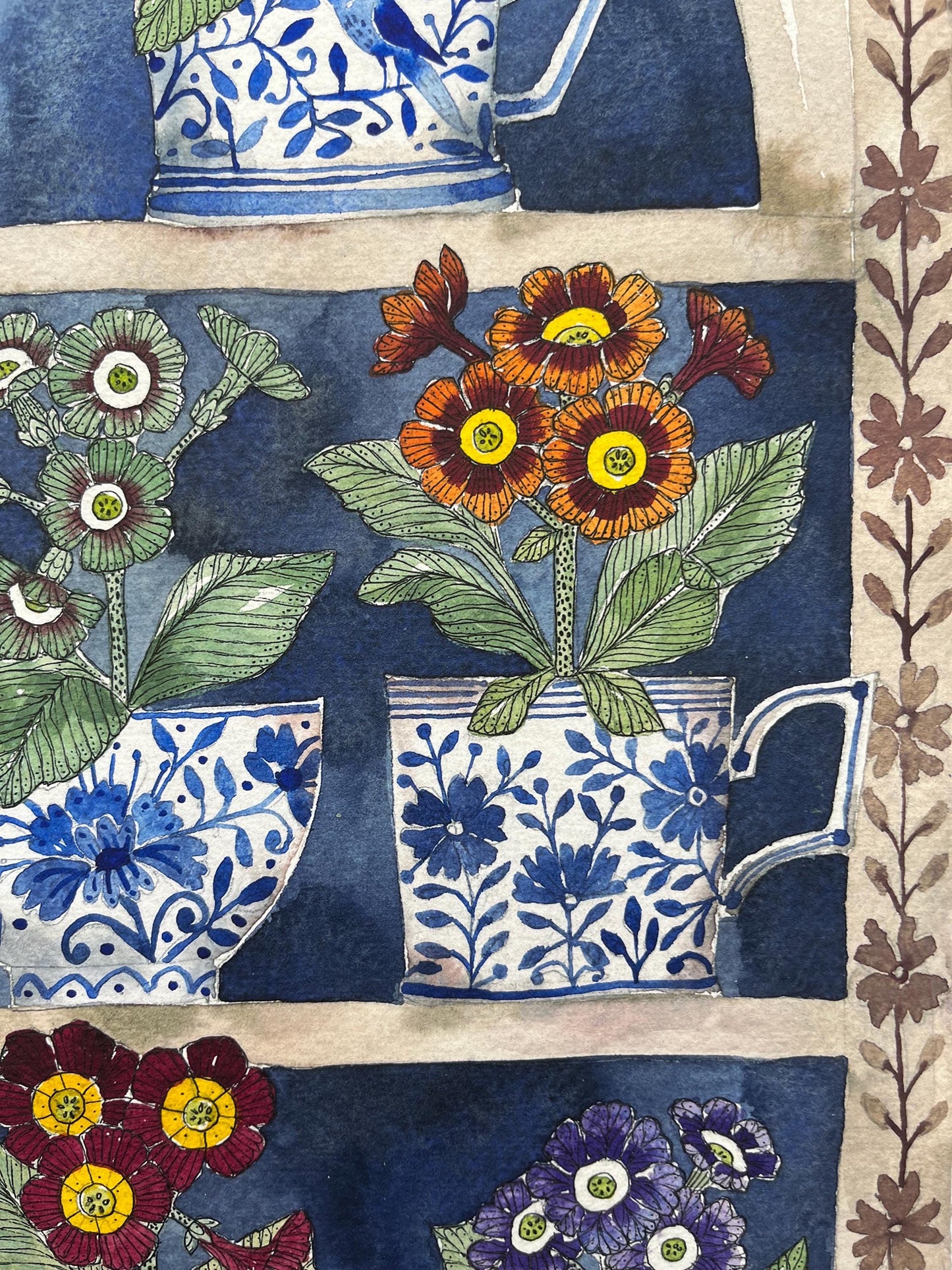 A3, limited edition giclee print of a watercolour and ink Auricular in delftware, ceramic mugs displayed in a plant Theatre.