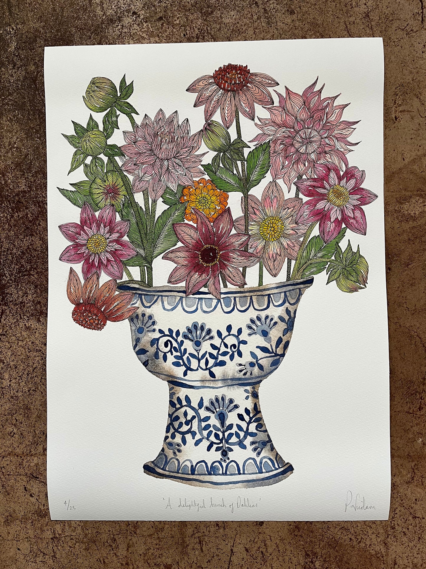 A3 limited edition, giclee print of cheerful dahlias in a blue and white patterned, ceramic vessel.