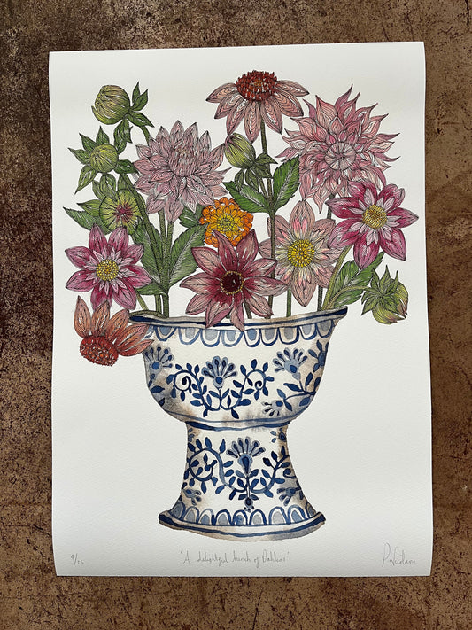 A3 limited edition, giclee print of cheerful dahlias in a blue and white patterned, ceramic vessel.