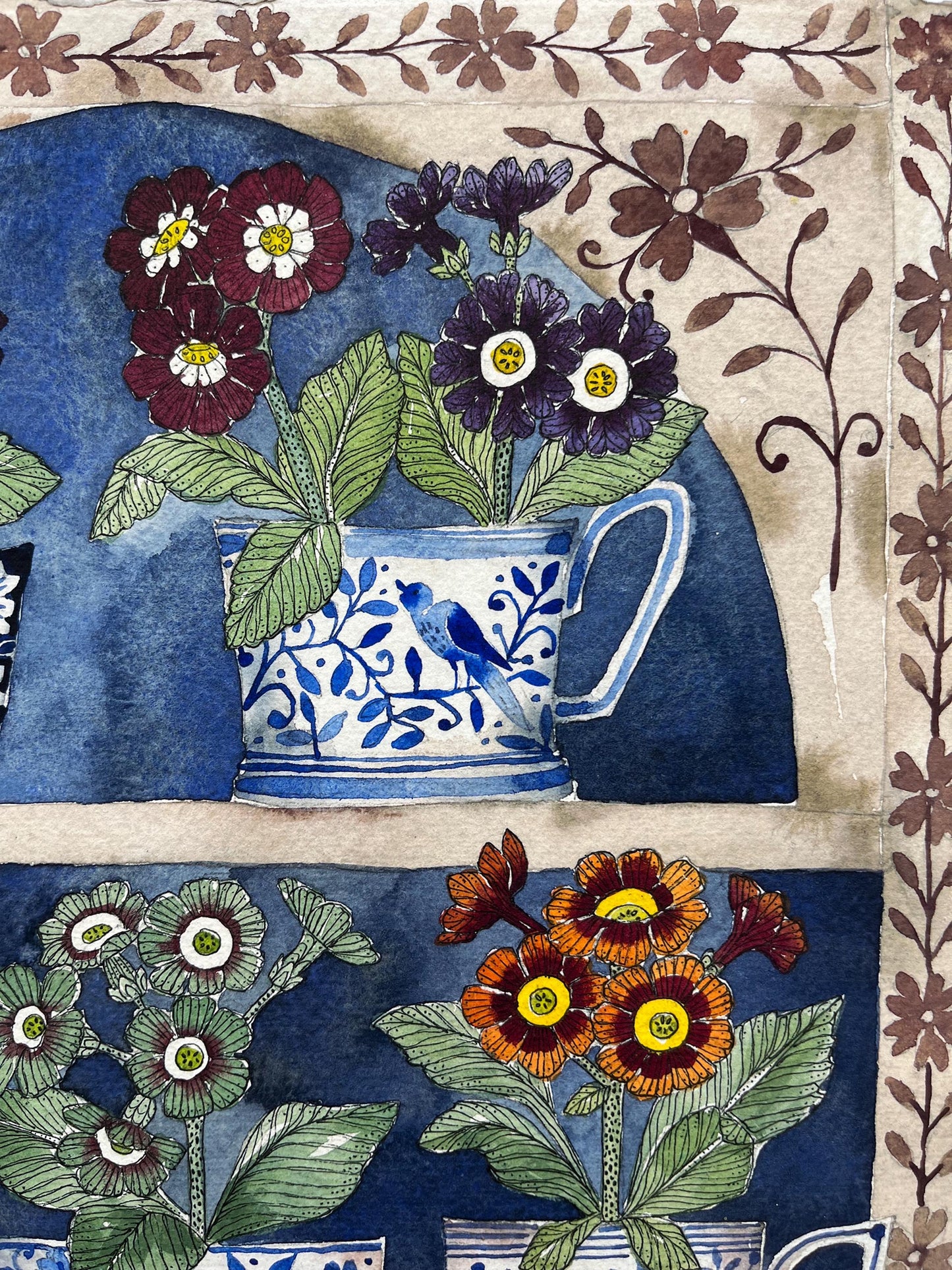 A3, limited edition giclee print of a watercolour and ink Auricular in delftware, ceramic mugs displayed in a plant Theatre.