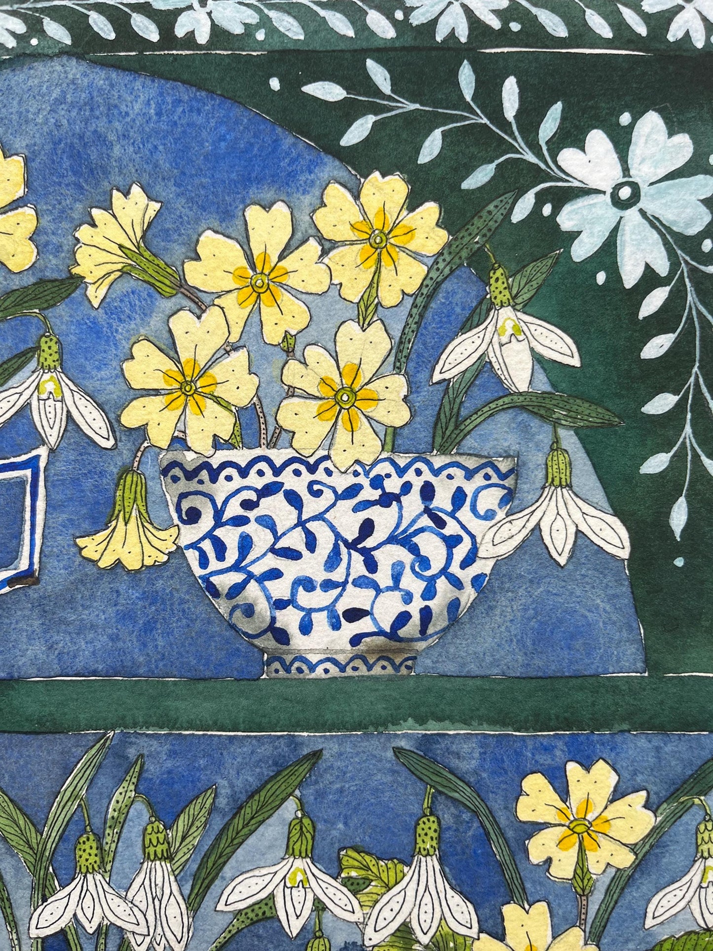 A3, limited edition giclee print of a watercolour and ink Snowdrops and primroses in delftware, ceramic mugs displayed in a plant Theatre.