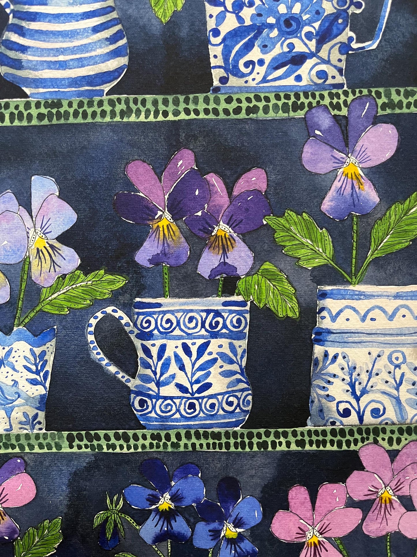 A3, limited edition giclee print of a watercolour and ink painting of violas in delftware, ceramic cups & mugs displayed in a plant Theatre.