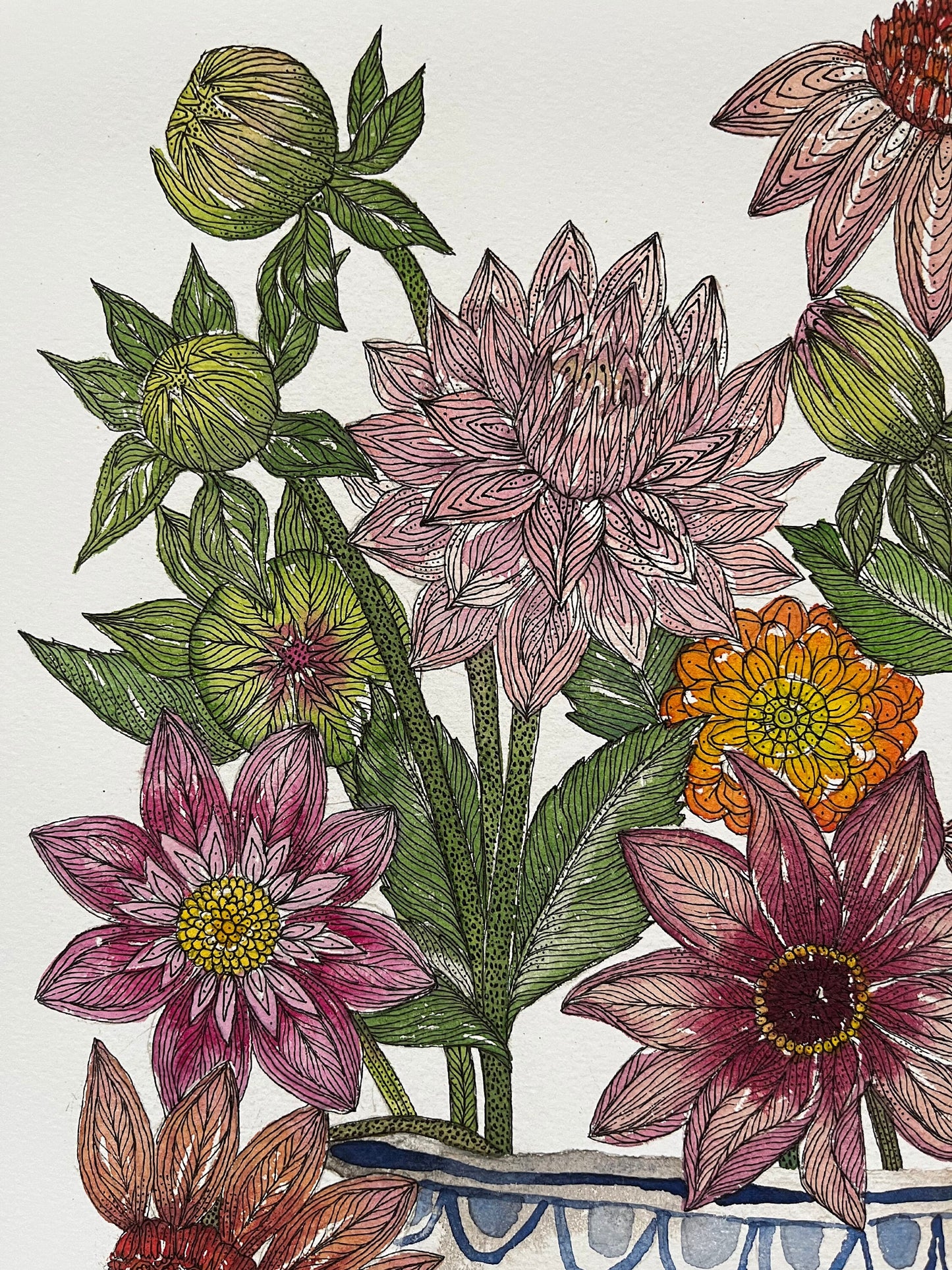 A3 limited edition, giclee print of cheerful dahlias in a blue and white patterned, ceramic vessel.