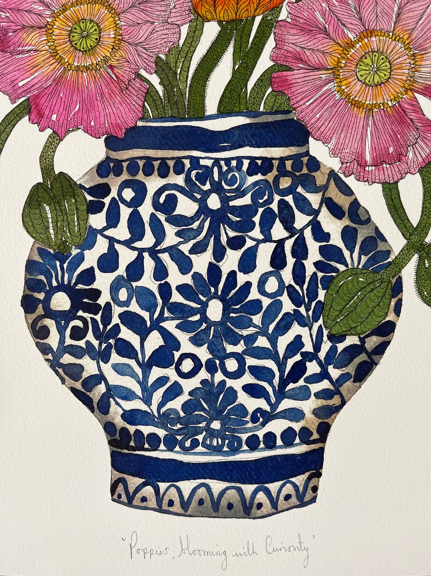 A3 limited edition, giclee print of curious and vibrant poppies in a blue and white patterned, ceramic pot.